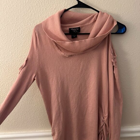 VALENTINES DAY Cowl Neck Cold Shoulder SWEATER NEW Rose Pink Ruched Laced macys - Picture 3 of 6